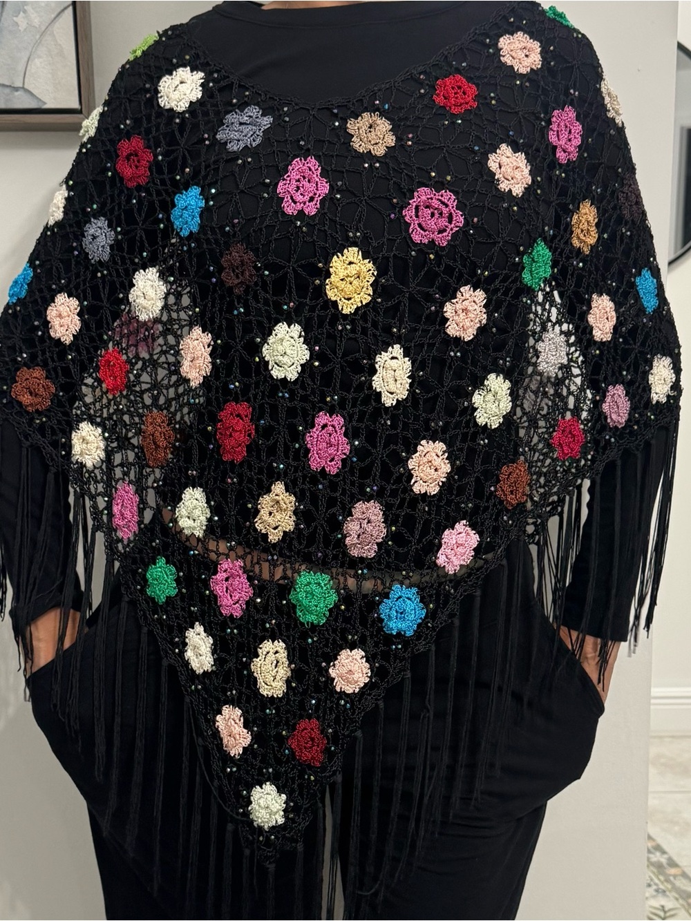Y2K
Black Crochet Floral Fringe Poncho with Multicolor Flowers - Picture 6 of 7